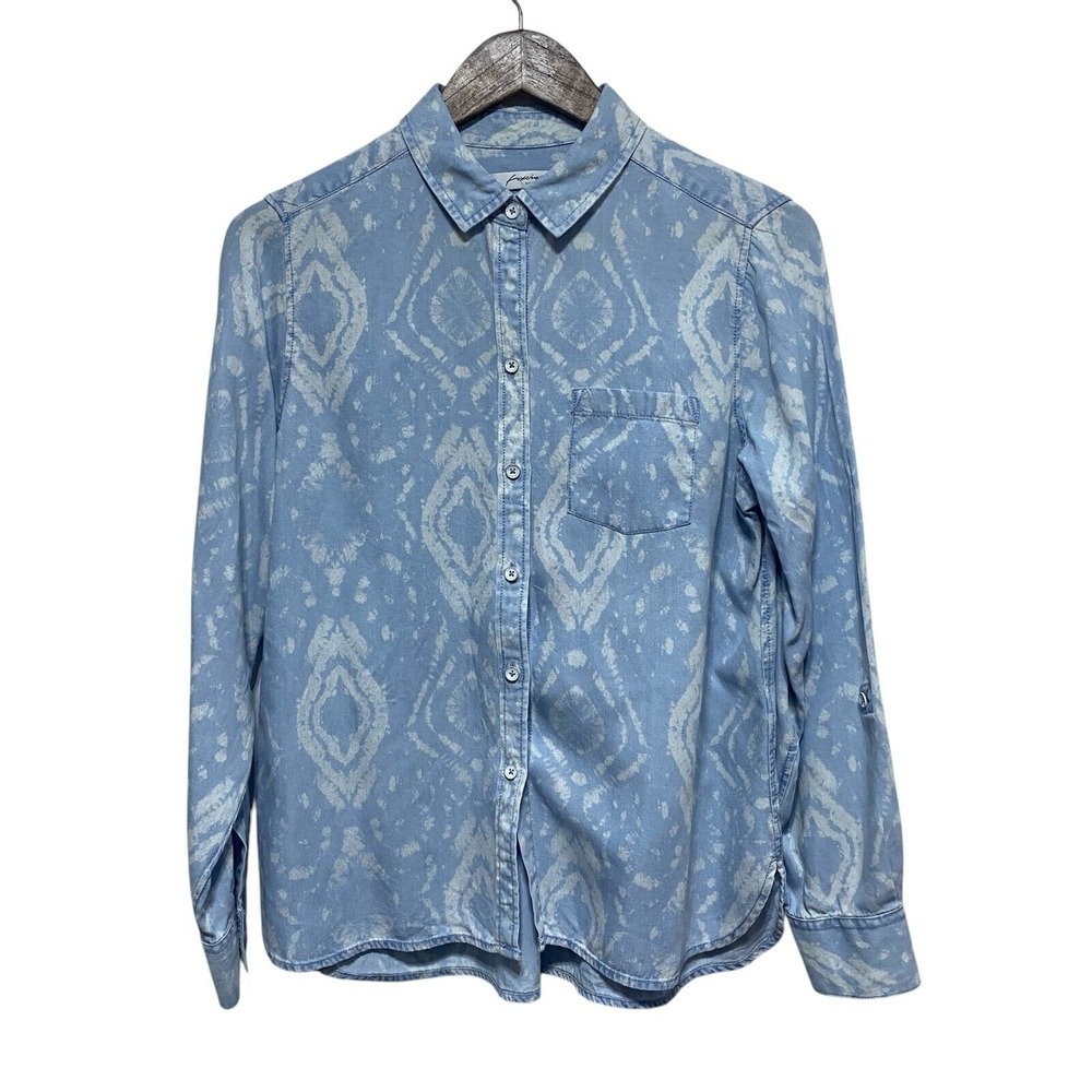 Foxcroft Blouse Womens 10 Petite Blue Boho Lyocell Long Sleeve Button Front Top